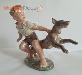 figurine sculpture boy dog shepherd majolica Hungary