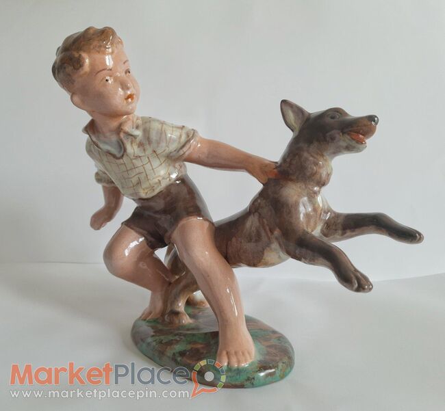 figurine sculpture boy dog shepherd majolica Hungary - Paphos, Paphos